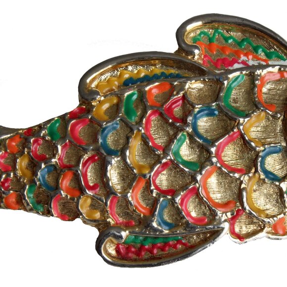 Mimi D In Koi Fish Belt Buckle Gold Metal Enamel Oversized Rare Vintage - Picture 5 of 11